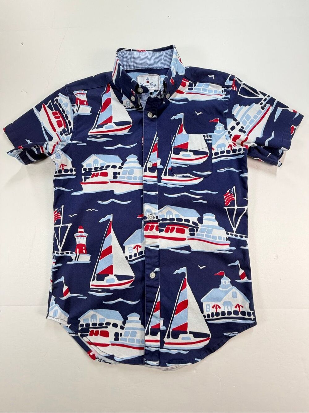 Classic Prep Boys Size 12 Nautical Sailboat Lighthouse Shirt Coastal Button Down